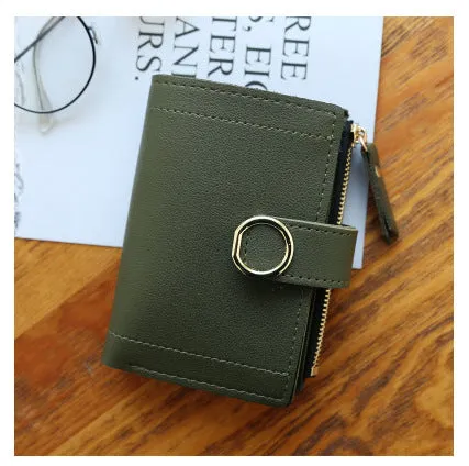 Women's PU leather buckle ring wallet in compact 12x9cm size with card slots and coin section.