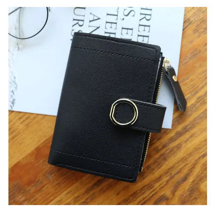 Women's PU leather buckle ring wallet in compact 12x9cm size with card slots and coin section.