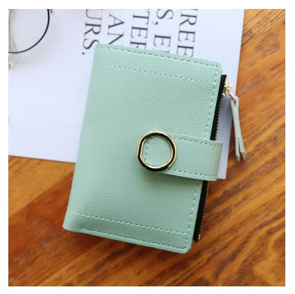 Women's PU leather buckle ring wallet in compact 12x9cm size with card slots and coin section.
