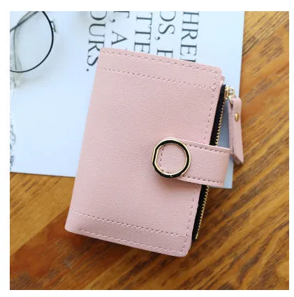 Women's PU leather buckle ring wallet in compact 12x9cm size with card slots and coin section.
