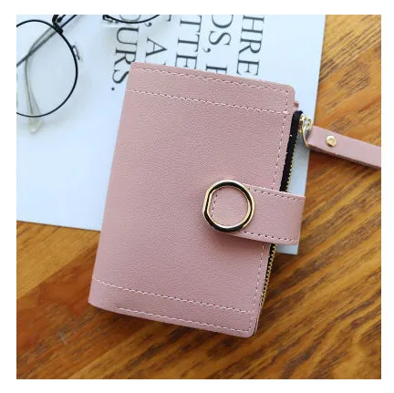 Women's PU leather buckle ring wallet in compact 12x9cm size with card slots and coin section.
