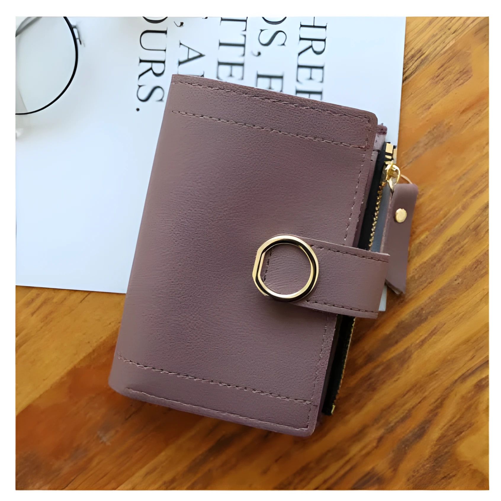 Women's PU leather buckle ring wallet in compact 12x9cm size with card slots and coin section.