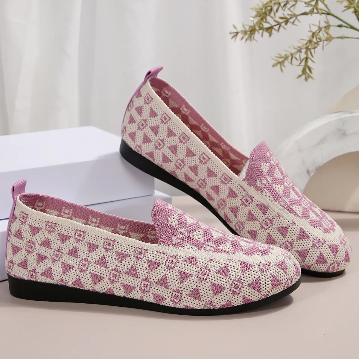 Women's casual flat shoes blue knitted loafers round toe slip-on rubber sole