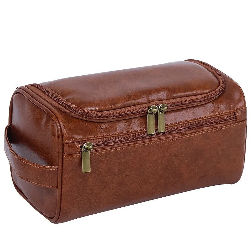 Large capacity men's waterproof cosmetic bag in upgraded high-grade PU brown colour with zip closure
