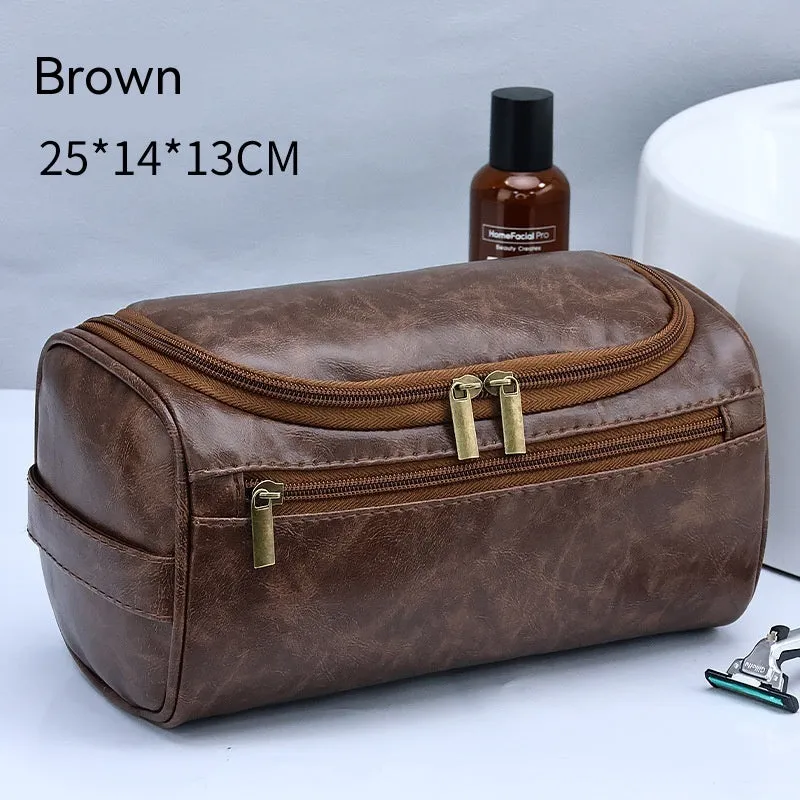 Large capacity men's waterproof cosmetic bag in upgraded high-grade PU brown colour with zip closure