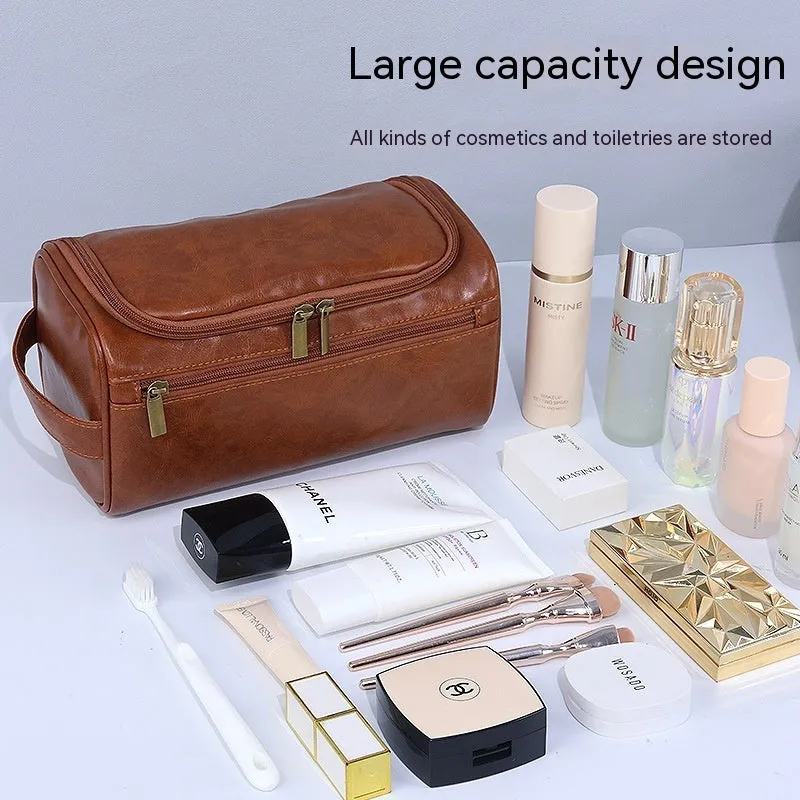 Large capacity men's waterproof cosmetic bag in upgraded high-grade PU brown colour with zip closure