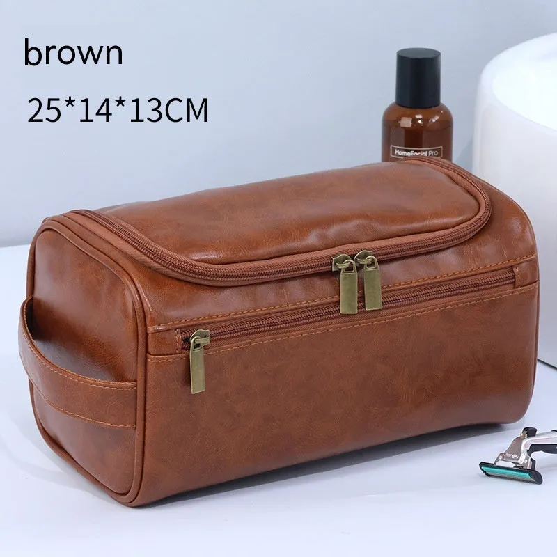 Large capacity men's waterproof cosmetic bag in upgraded high-grade PU brown colour with zip closure