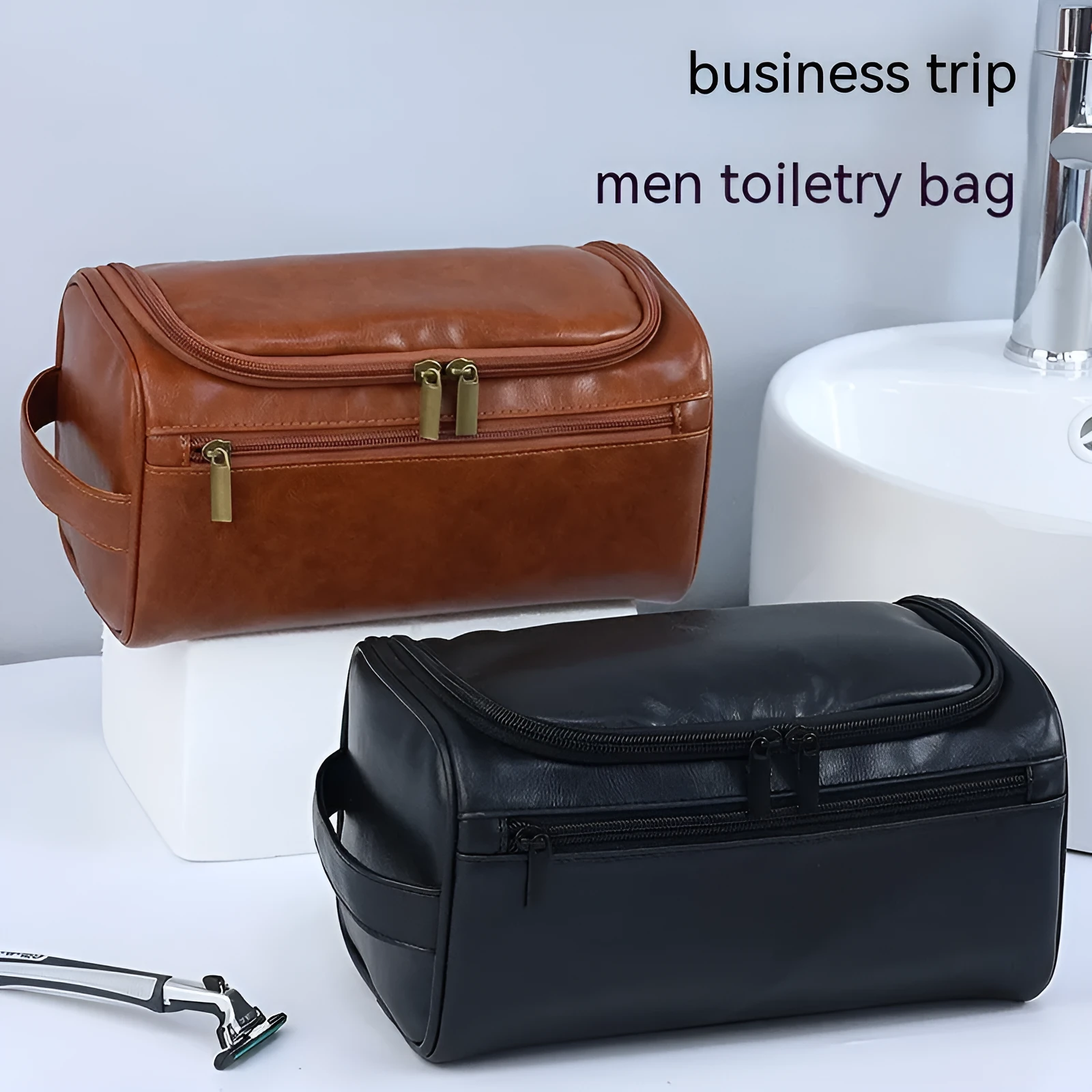 Large capacity men's waterproof cosmetic bag in upgraded high-grade PU brown colour with zip closure
