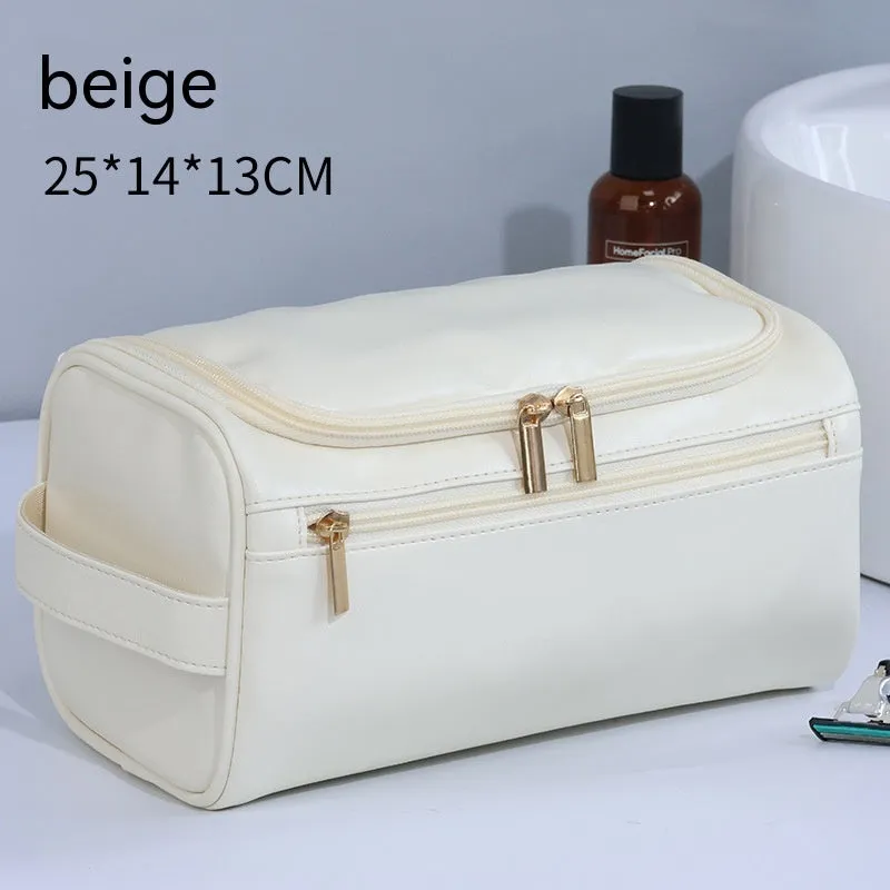 Large capacity men's waterproof cosmetic bag in upgraded high-grade PU brown colour with zip closure
