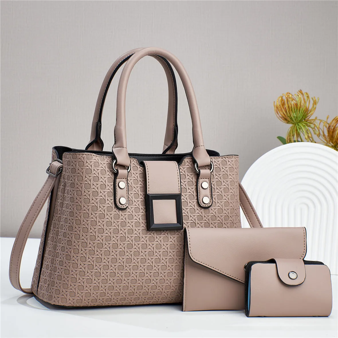 Three-piece textured women's crossbody bag in square vertical shape with weaving detail and single shoulder strap