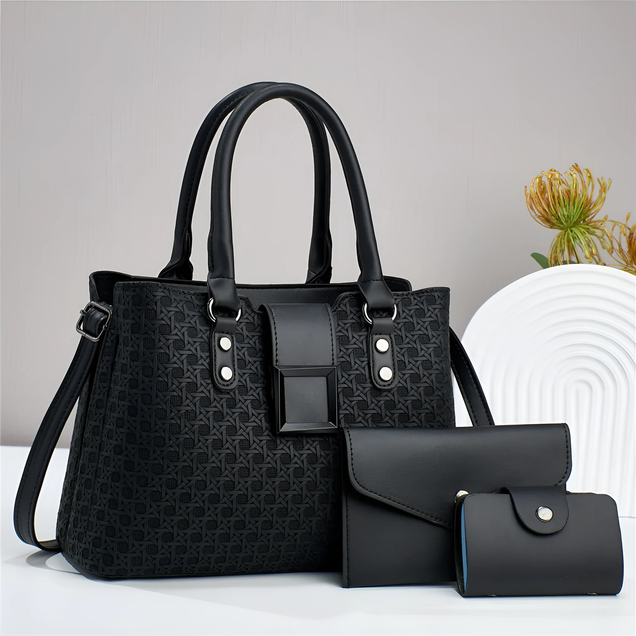 Three-piece textured women's crossbody bag in square vertical shape with weaving detail and single shoulder strap