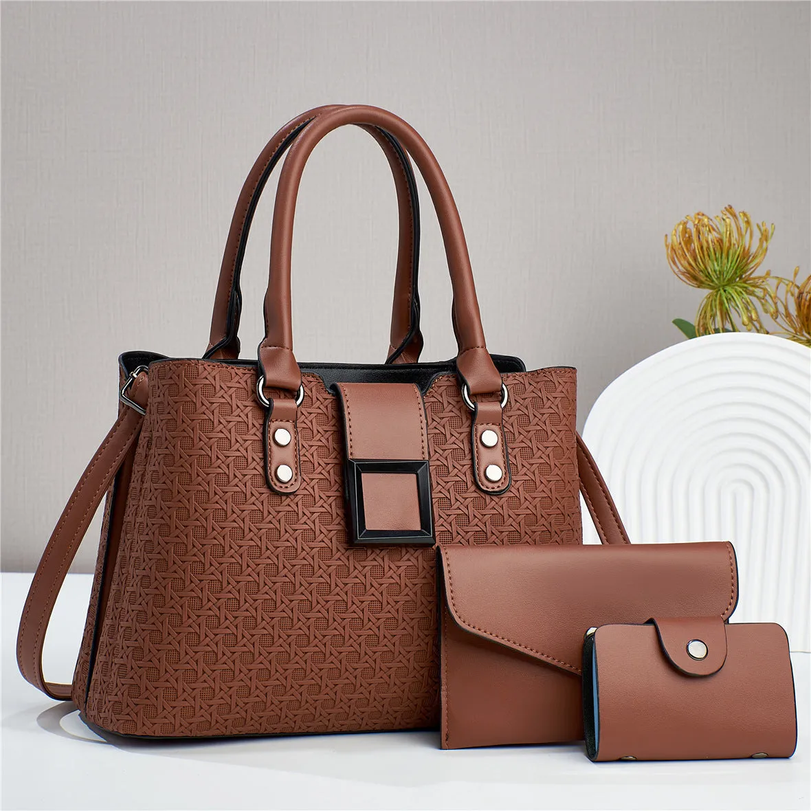 Three-piece textured women's crossbody bag in square vertical shape with weaving detail and single shoulder strap