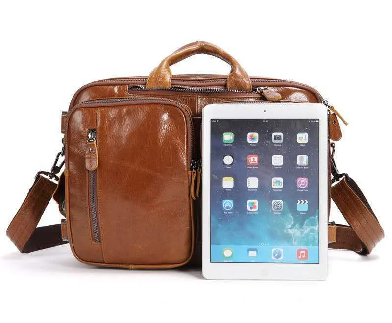 Men's black oily leather cowhide genuine top layer multi-functional bag with front zipper compartments 39cm 28cm 14cm
