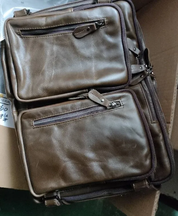Men's black oily leather cowhide genuine top layer multi-functional bag with front zipper compartments 39cm 28cm 14cm