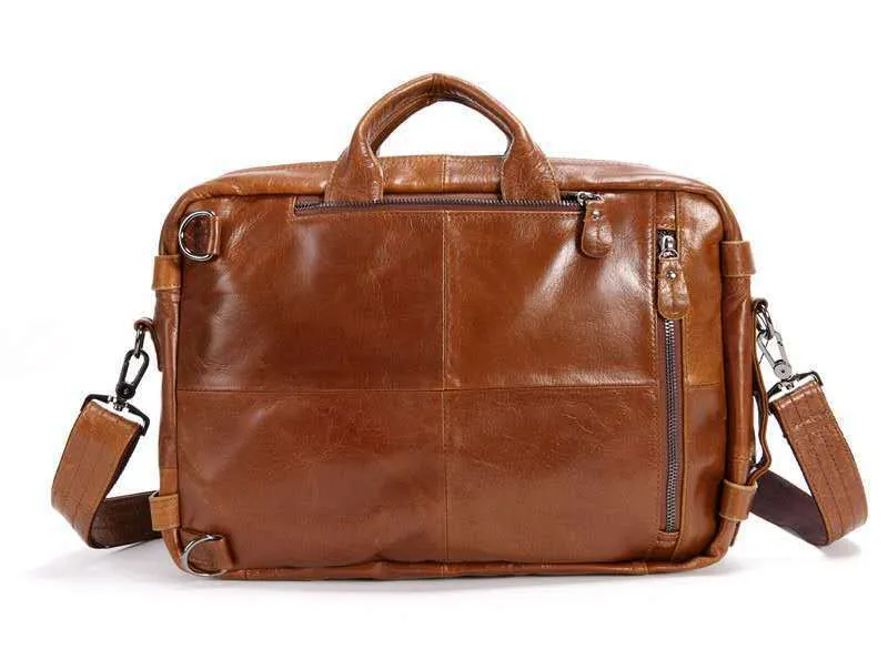 Men's black oily leather cowhide genuine top layer multi-functional bag with front zipper compartments 39cm 28cm 14cm