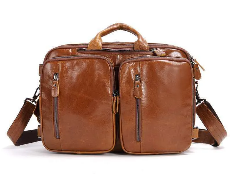 Men's black oily leather cowhide genuine top layer multi-functional bag with front zipper compartments 39cm 28cm 14cm