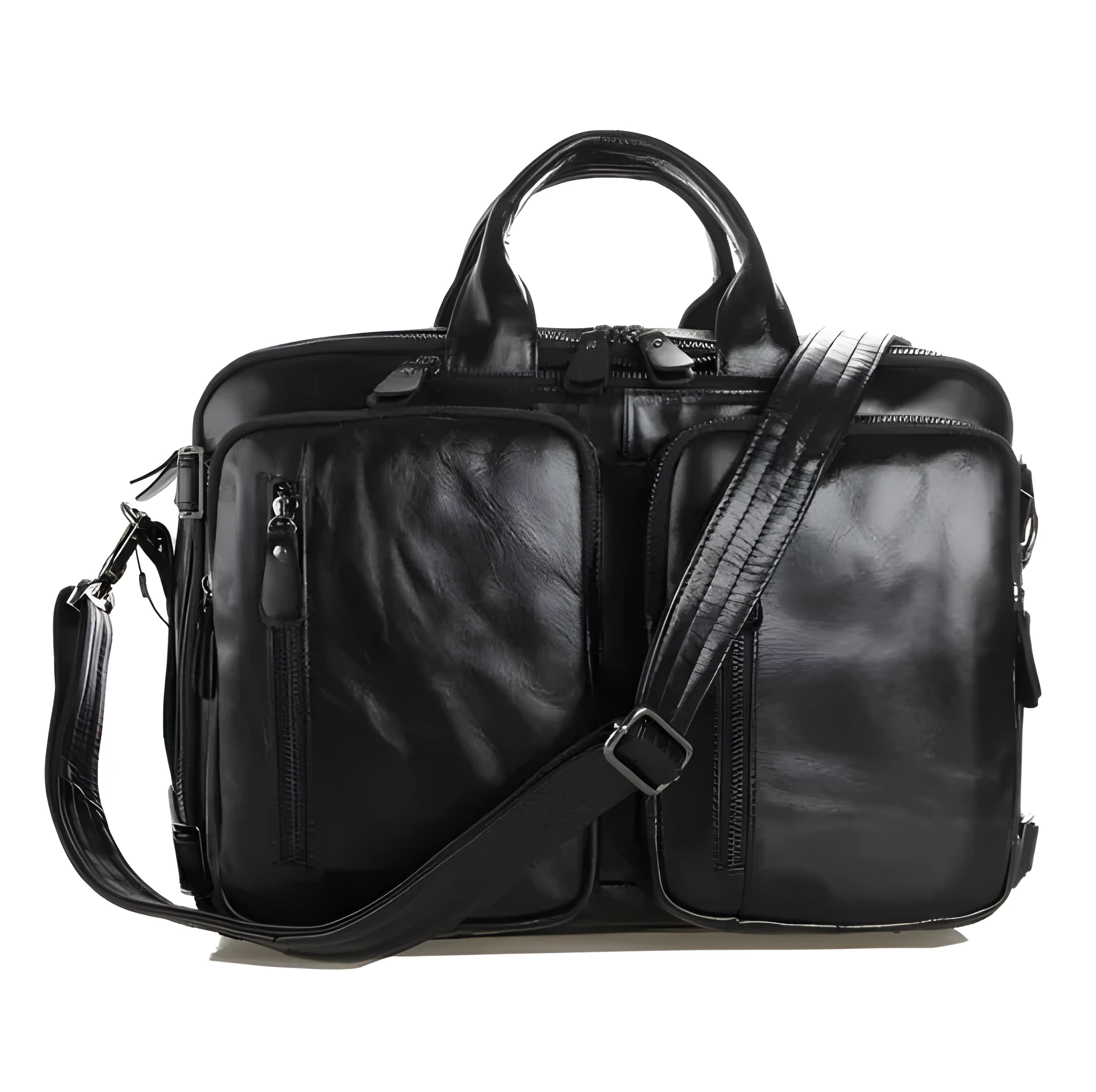 Men's black oily leather cowhide genuine top layer multi-functional bag with front zipper compartments 39cm 28cm 14cm