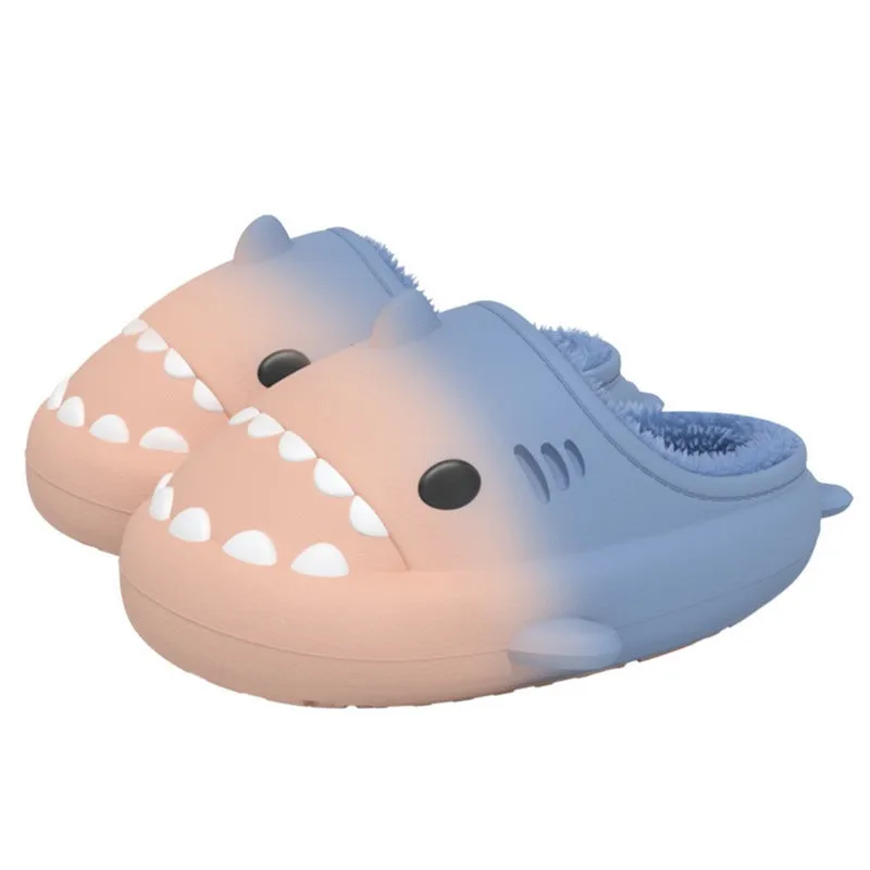 Waterproof gradient shark cotton slipper with artificial PU upper in white blue colourway