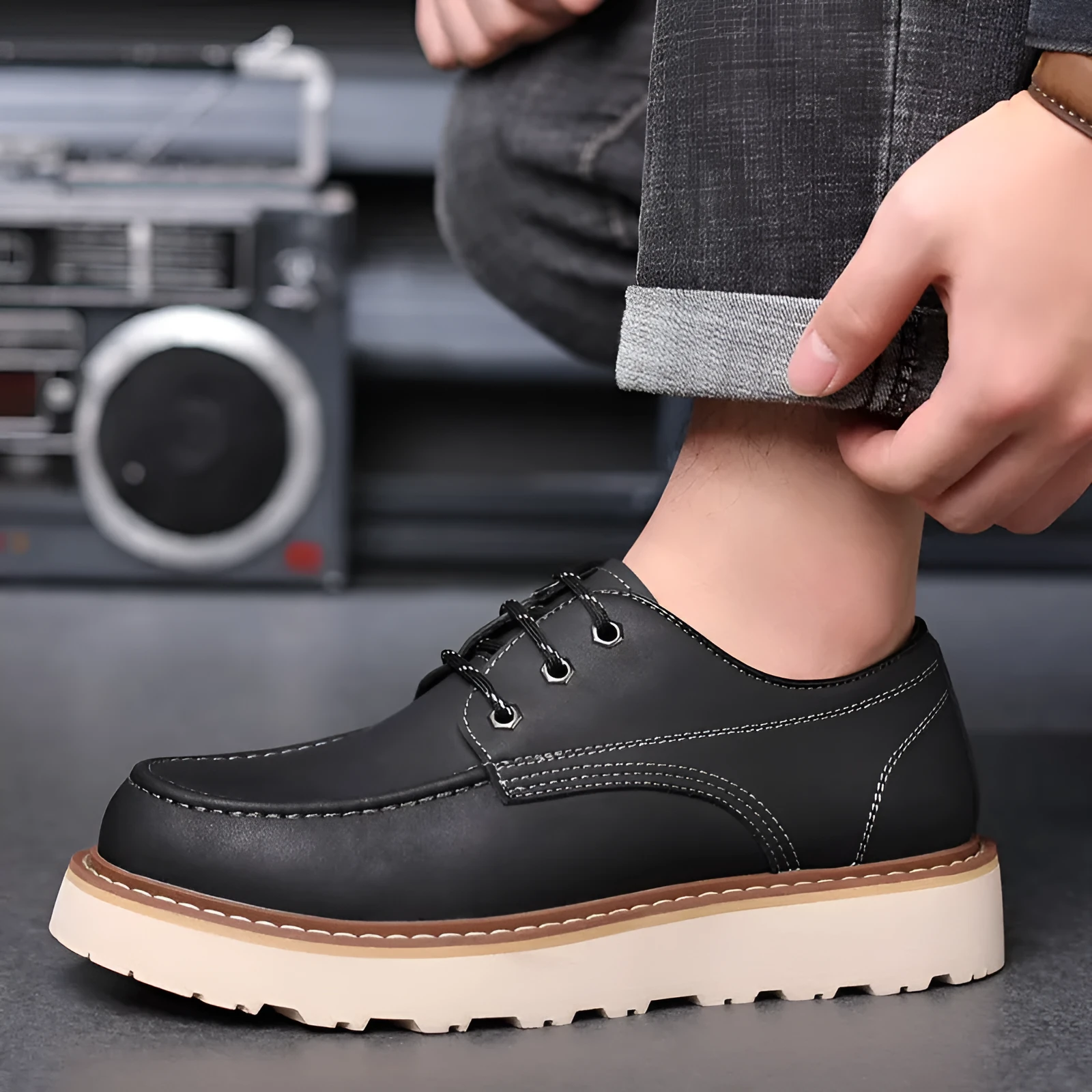 Men's black retro Martin boots with round toe design and non-slip rubber sole
