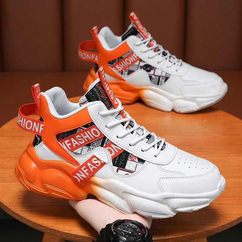 Men's high-top colourblock lace-up casual sneakers in orange with synthetic leather upper and thick rubber sole.