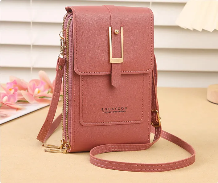 Women's transparent PU crossbody shoulder bag with touch screen window, letter design, in multiple colours