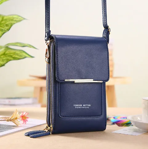 Women's transparent PU crossbody shoulder bag with touch screen window, letter design, in multiple colours