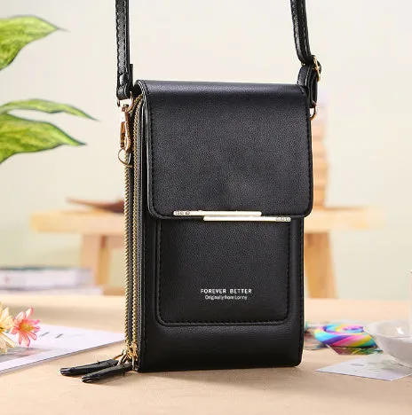 Women's transparent PU crossbody shoulder bag with touch screen window, letter design, in multiple colours