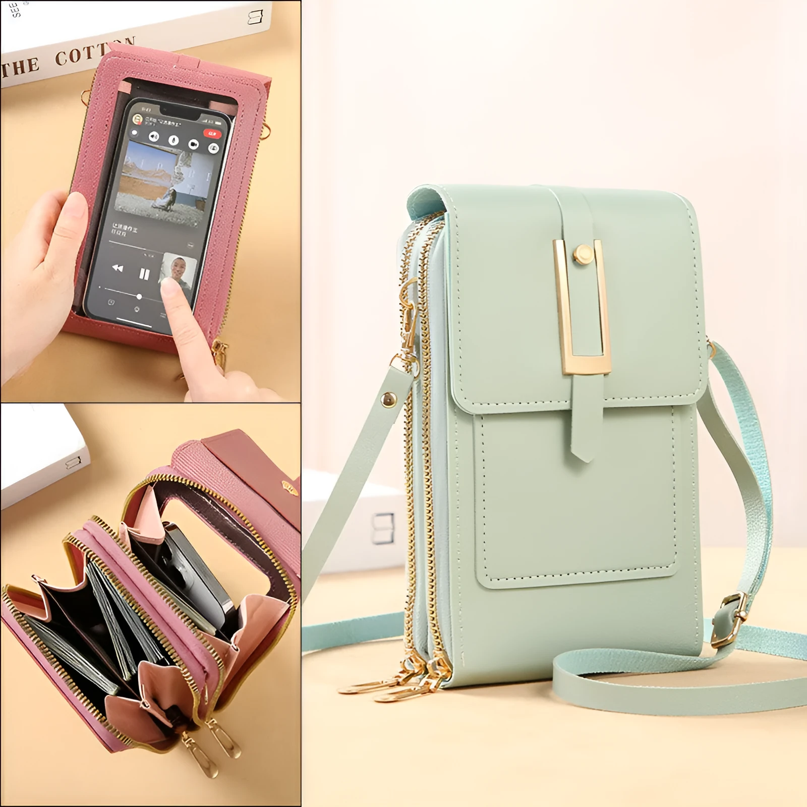Women's transparent PU crossbody shoulder bag with touch screen window, letter design, in multiple colours