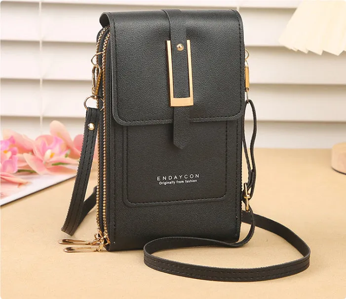 Women's transparent PU crossbody shoulder bag with touch screen window, letter design, in multiple colours