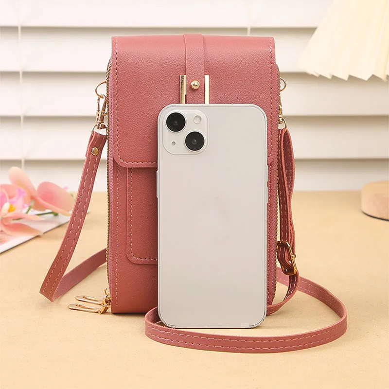 Women's transparent PU crossbody shoulder bag with touch screen window, letter design, in multiple colours