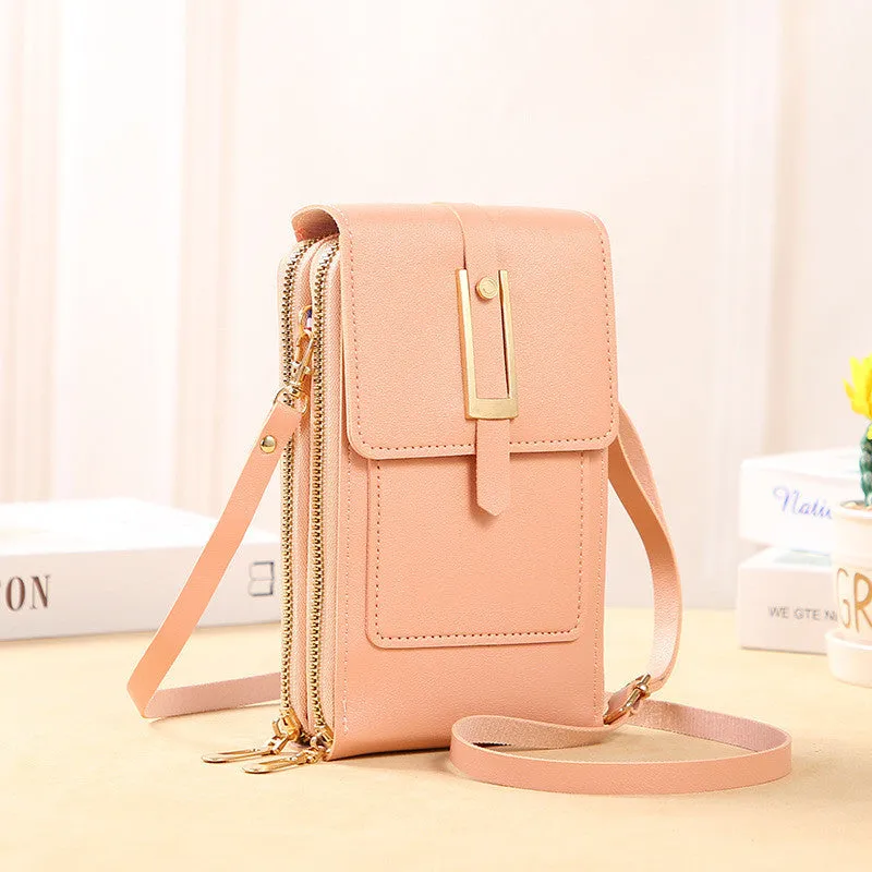 Women's transparent PU crossbody shoulder bag with touch screen window, letter design, in multiple colours