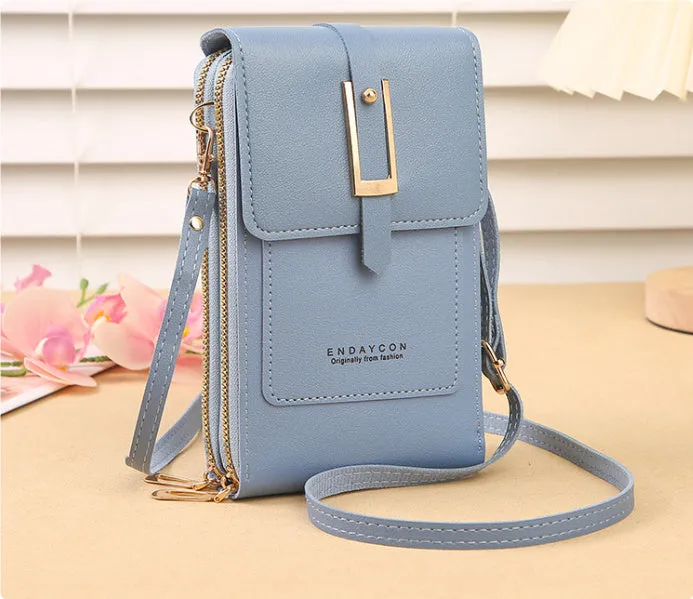 Women's transparent PU crossbody shoulder bag with touch screen window, letter design, in multiple colours