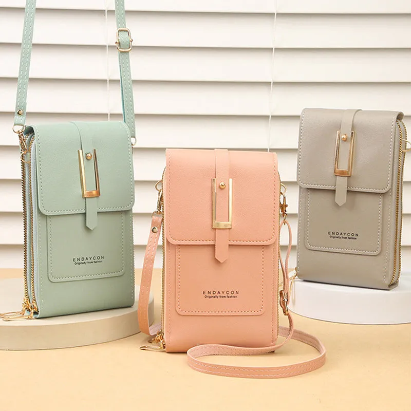 Women's transparent PU crossbody shoulder bag with touch screen window, letter design, in multiple colours