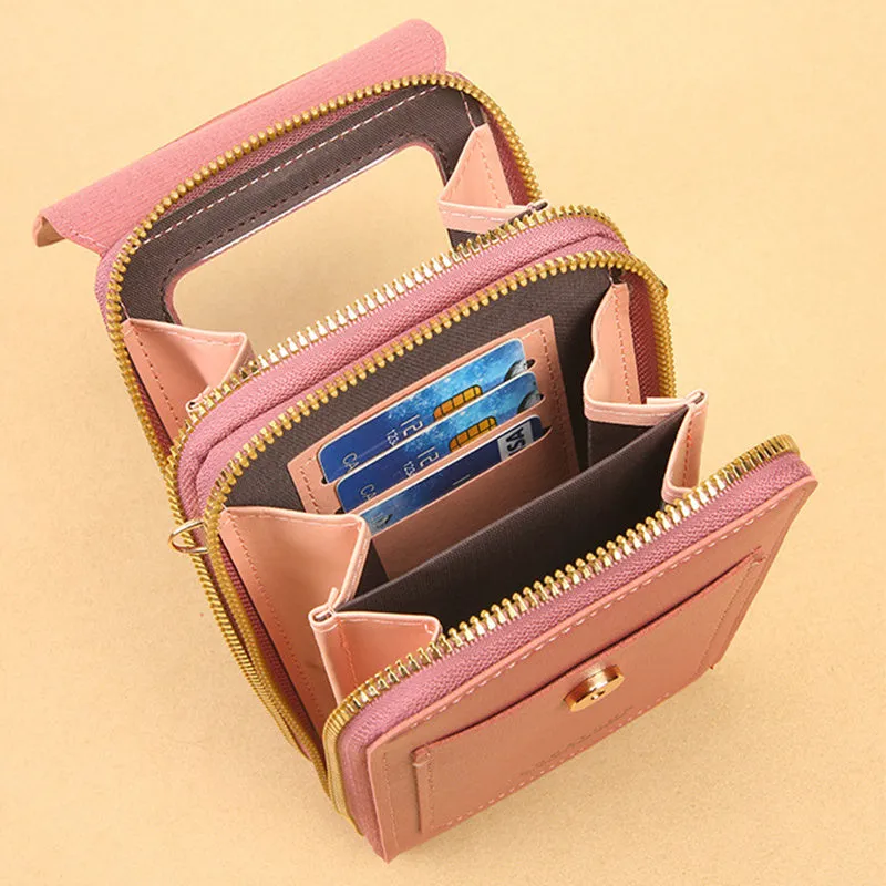 Women's transparent PU crossbody shoulder bag with touch screen window, letter design, in multiple colours
