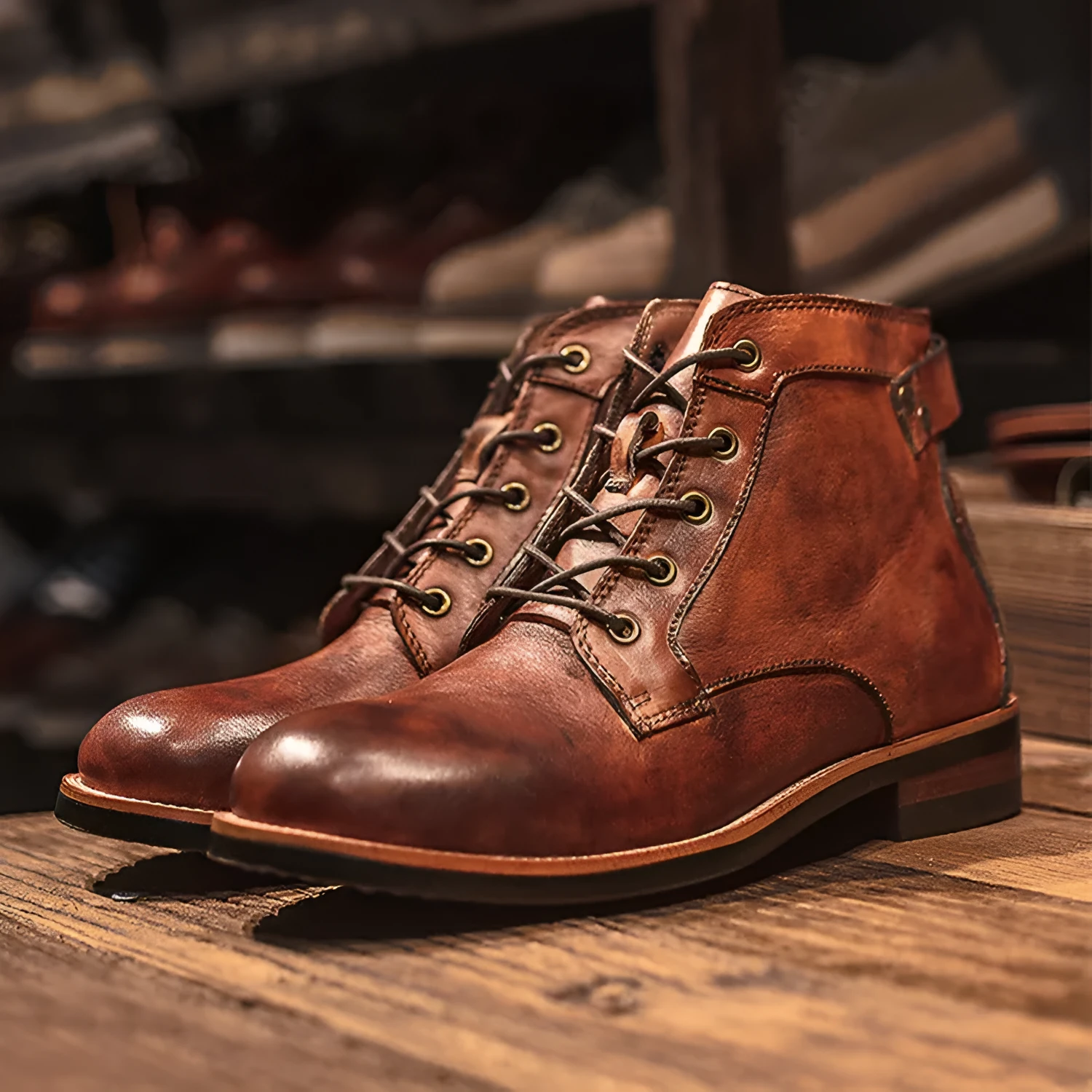 Men's black military Martin boots with rubber sole and lace-up closure on a work site