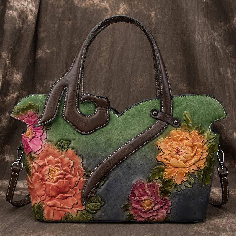 Women's genuine cowhide leather tote bag with floral embossing and zipper closure, horizontal square shape