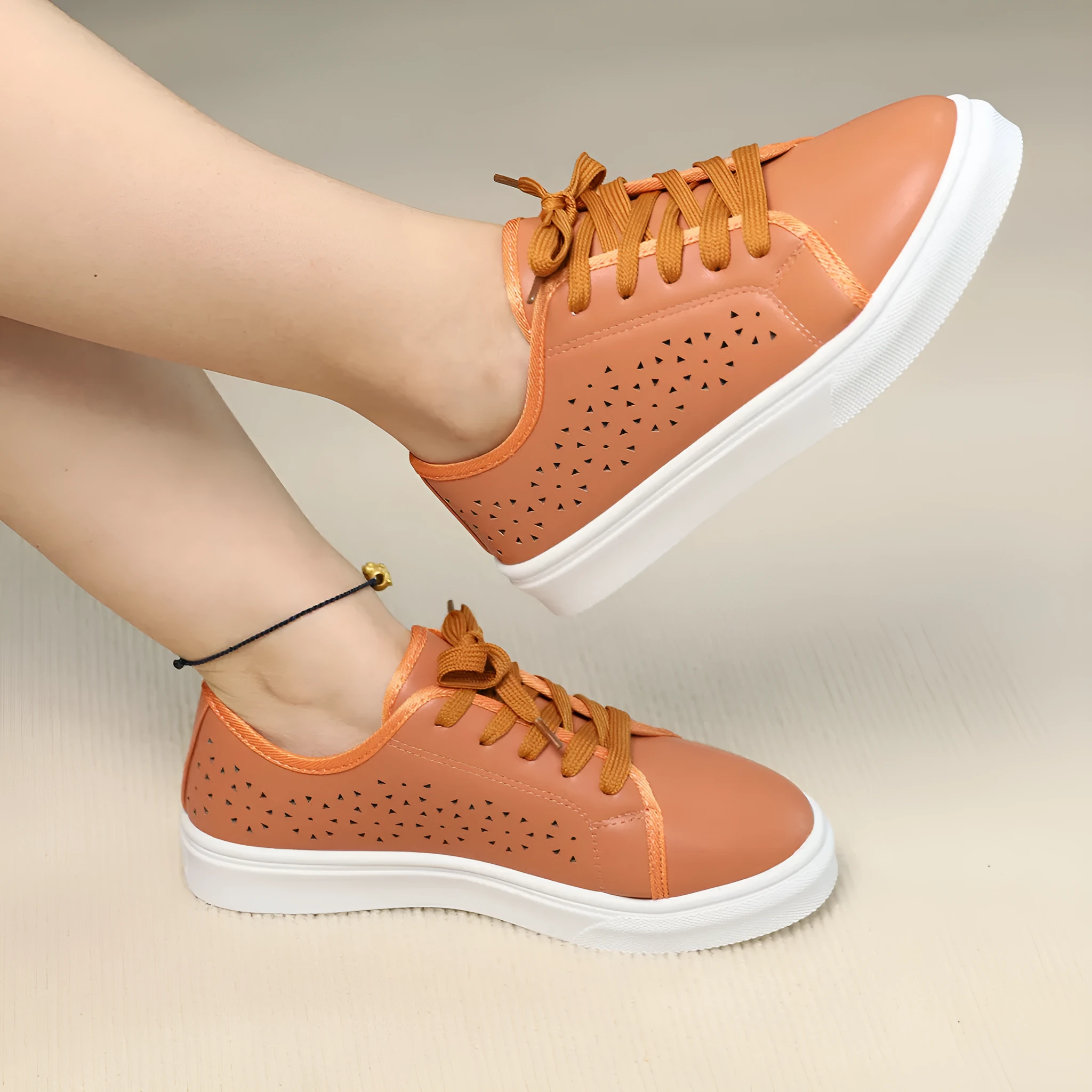Fashion versatile casual sports shoes in light brown with round toe and rubber sole