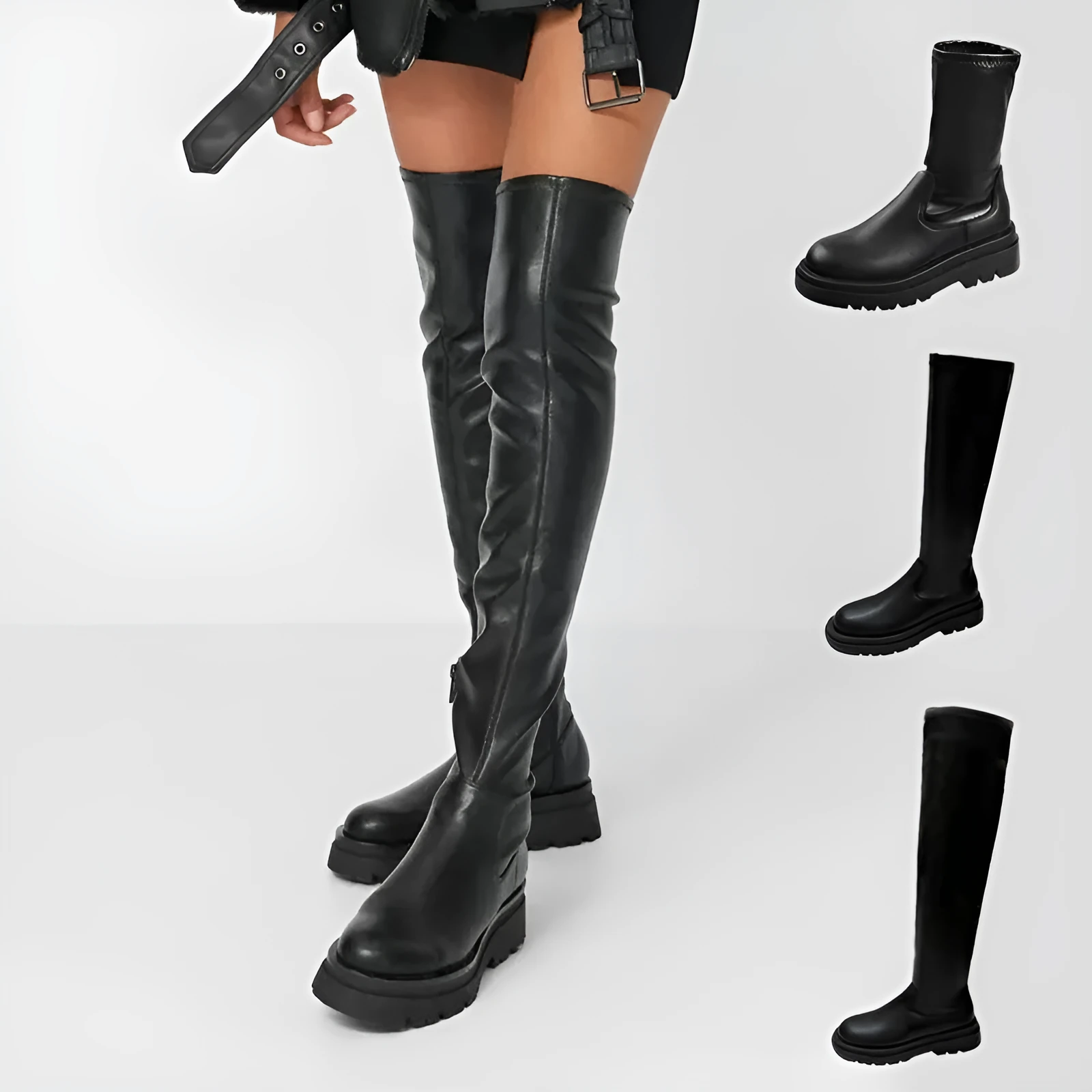 Black women's knee high boots with thick chunky sole and round toe on a winter background