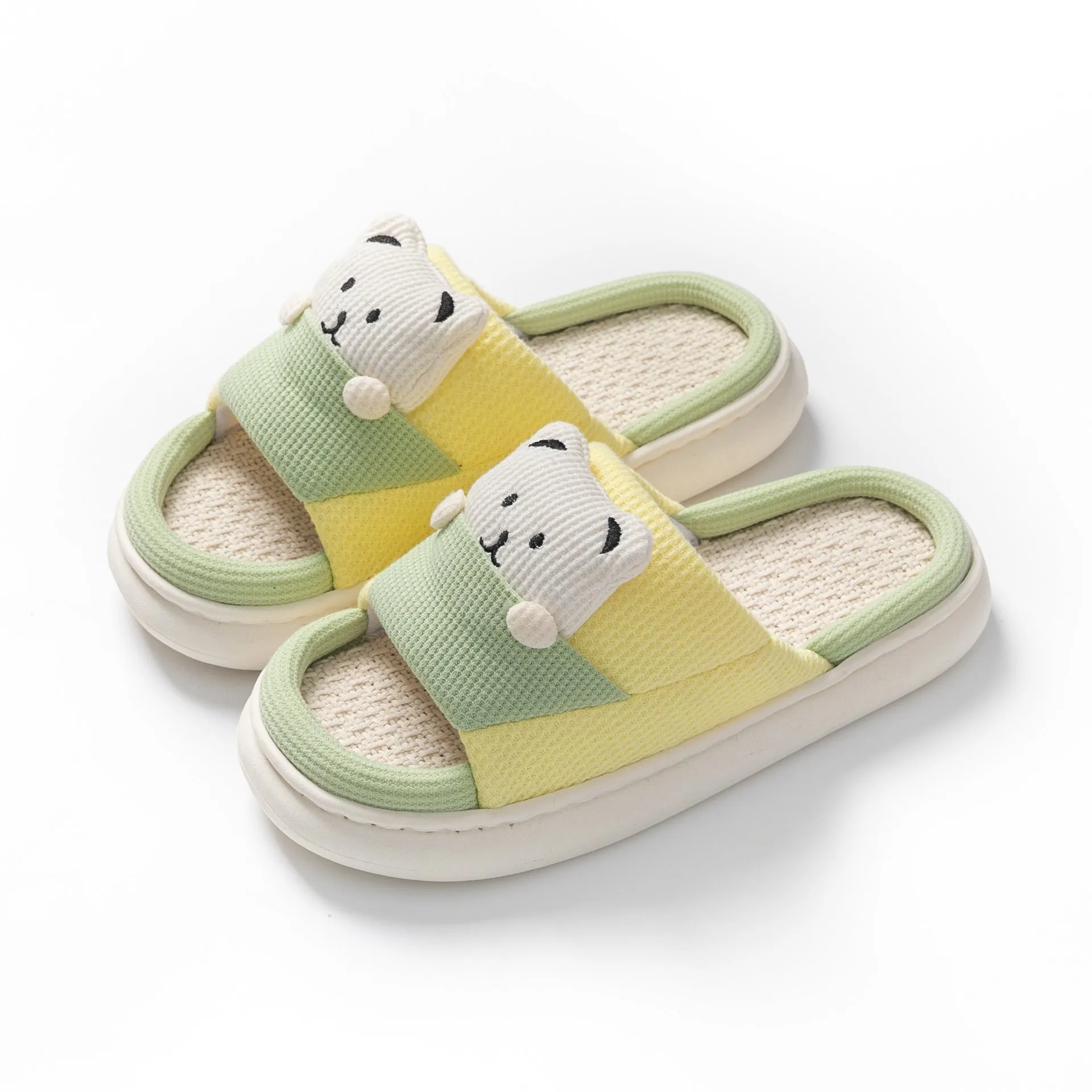 Women's thick-soled cartoon bear linen house slippers with PVC sole in blue colour