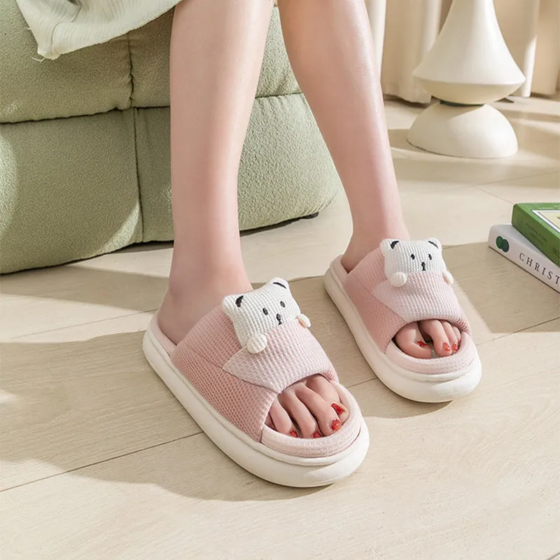 Women's thick-soled cartoon bear linen house slippers with PVC sole in blue colour