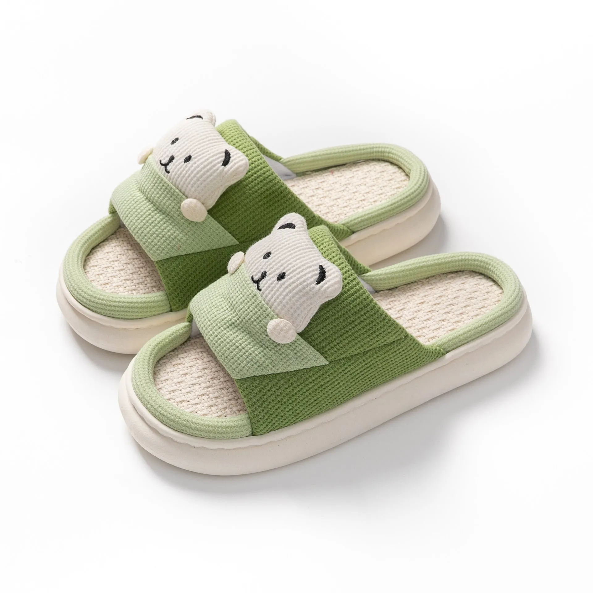 Women's thick-soled cartoon bear linen house slippers with PVC sole in blue colour