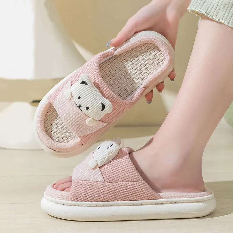 Women's thick-soled cartoon bear linen house slippers with PVC sole in blue colour