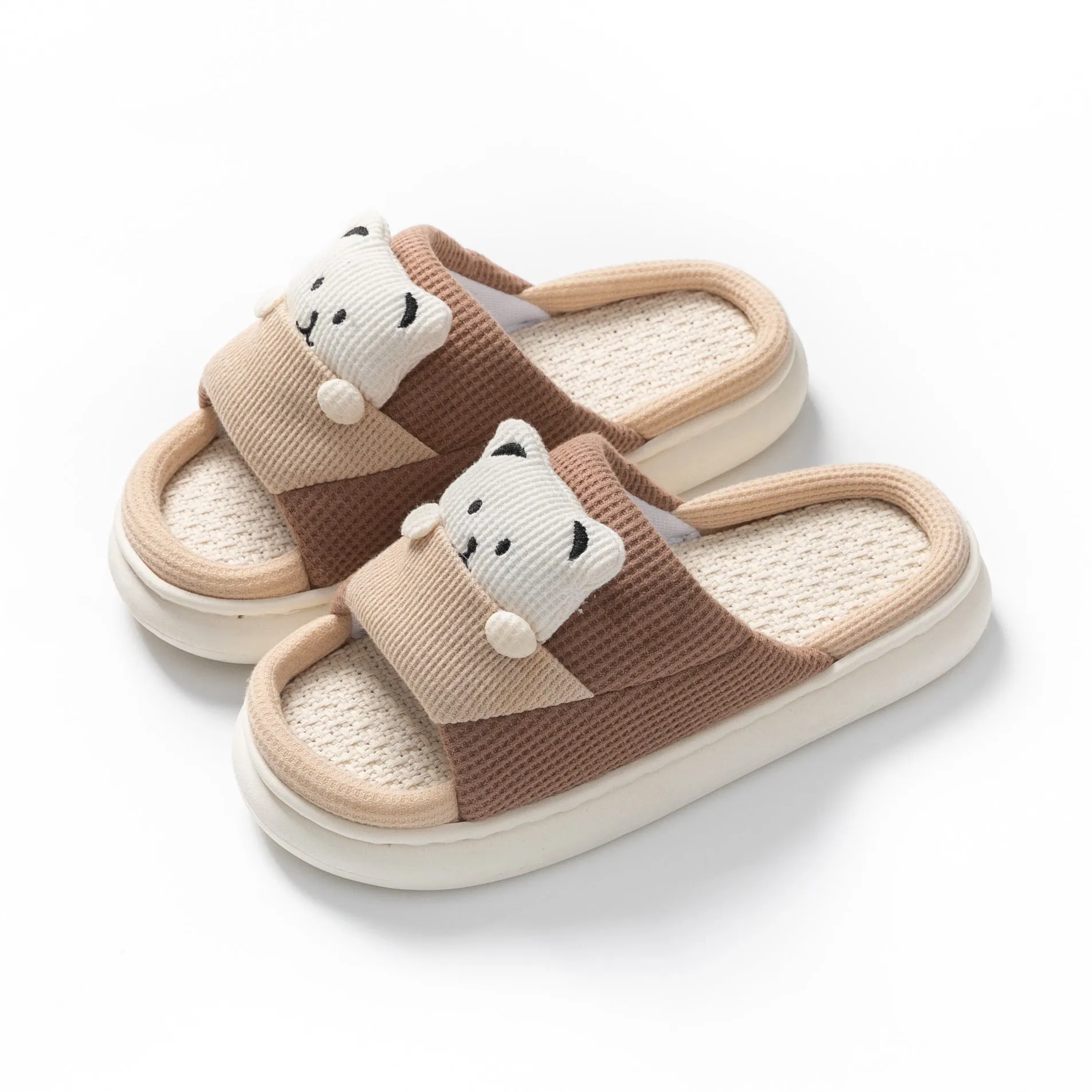 Women's thick-soled cartoon bear linen house slippers with PVC sole in blue colour