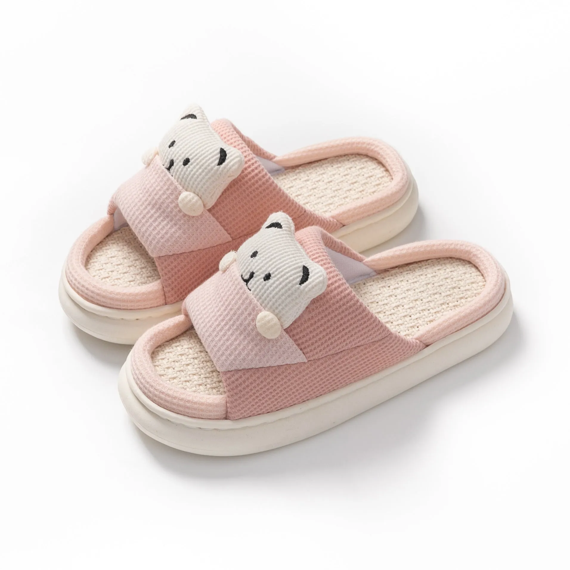 Women's thick-soled cartoon bear linen house slippers with PVC sole in blue colour