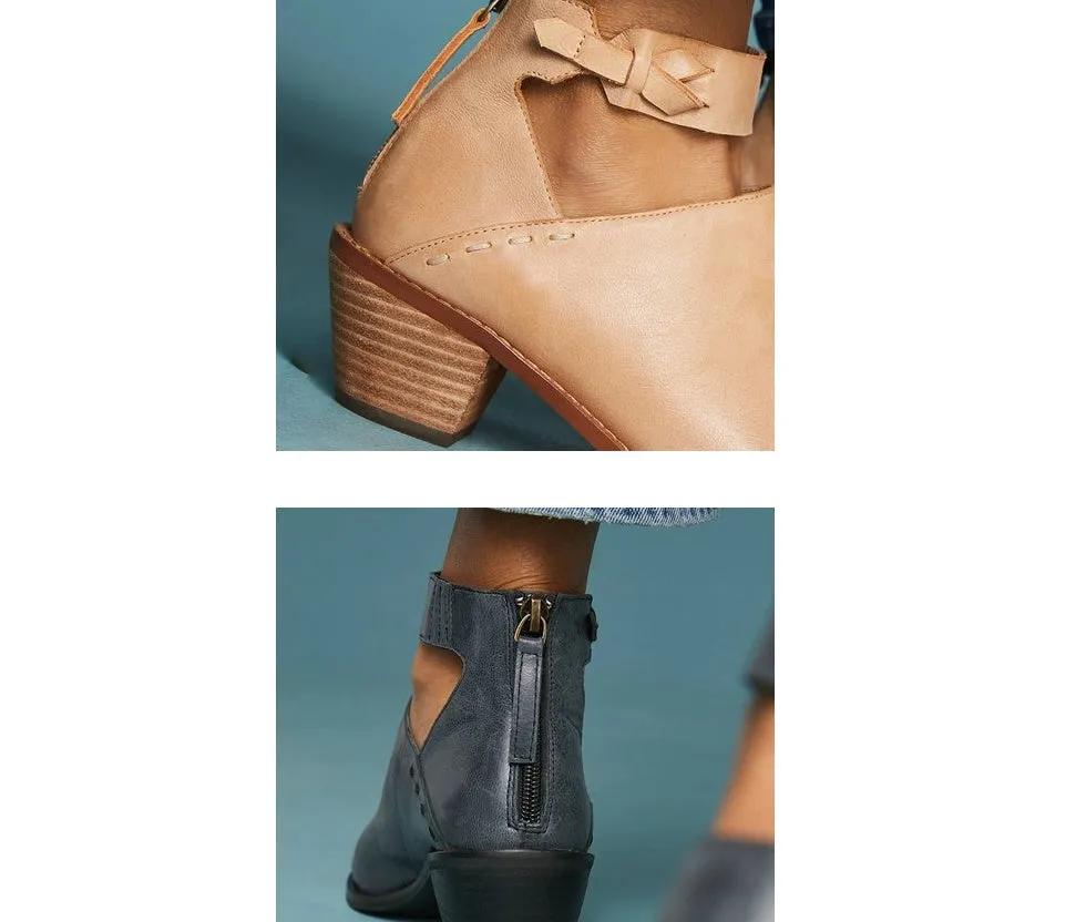 Women's cut out booties with buckle strap and back zipper in black, side view showing vintage round toe and 3-5cm heel