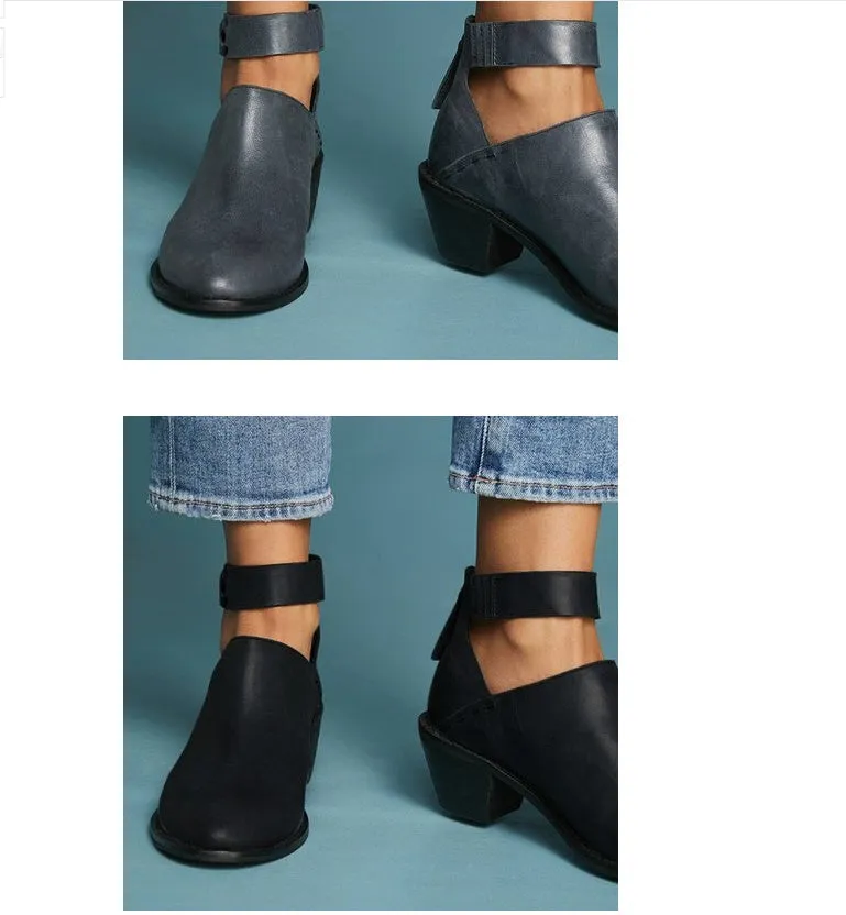 Women's cut out booties with buckle strap and back zipper in black, side view showing vintage round toe and 3-5cm heel