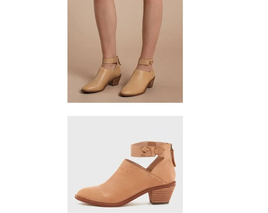 Women's cut out booties with buckle strap and back zipper in black, side view showing vintage round toe and 3-5cm heel