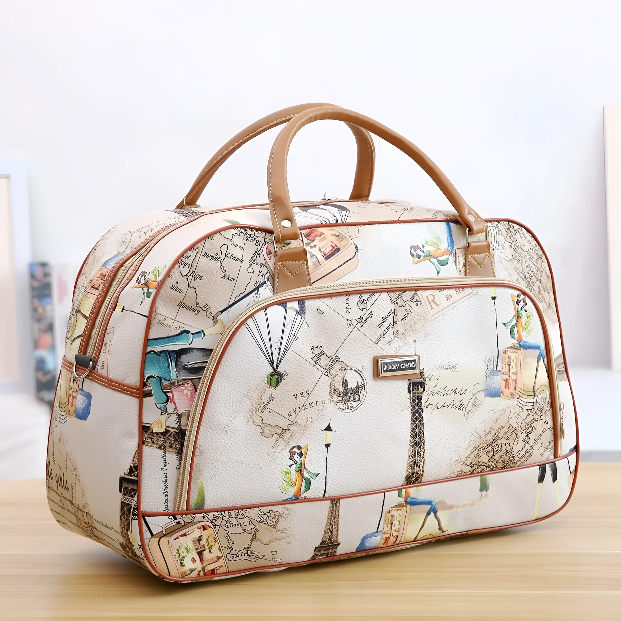 Large PU leather hand travel duffel bag with zipper closure and soft handle in black colour
