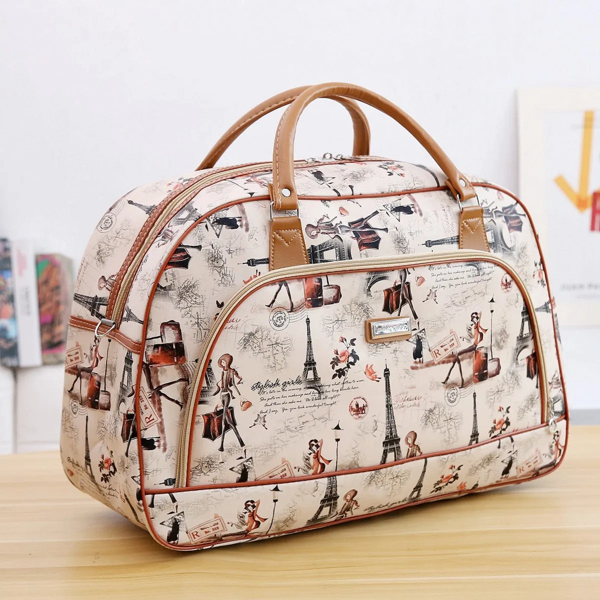 Large PU leather hand travel duffel bag with zipper closure and soft handle in black colour