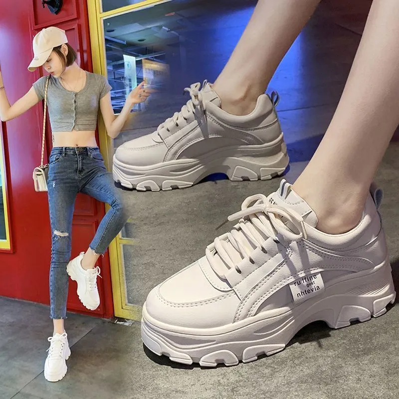 Women's thick bottom lace-up daddy shoes in creamy white with breathable mesh and synthetic leather upper